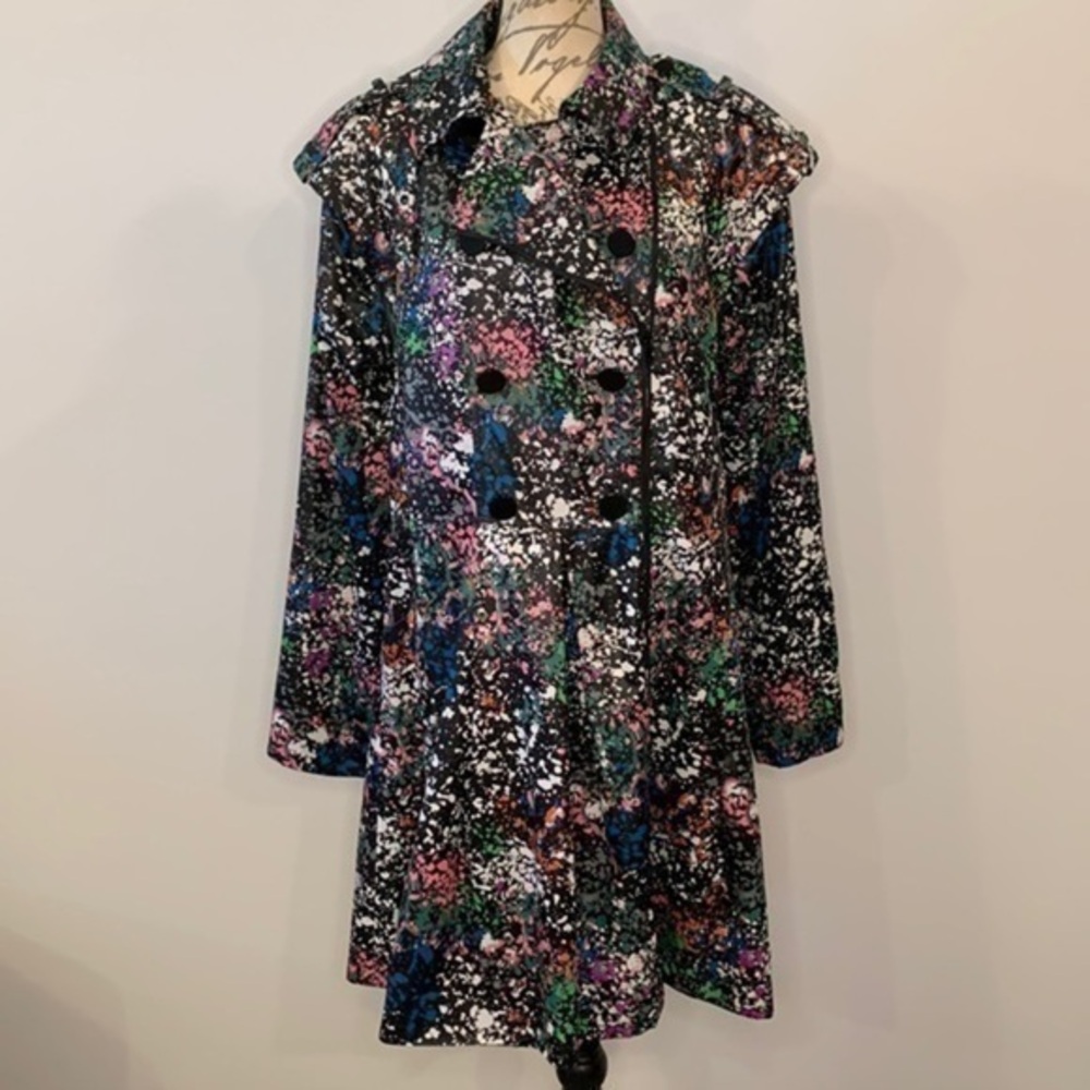 Rachel Roy double breasted zip pleated trench coat splatter print M